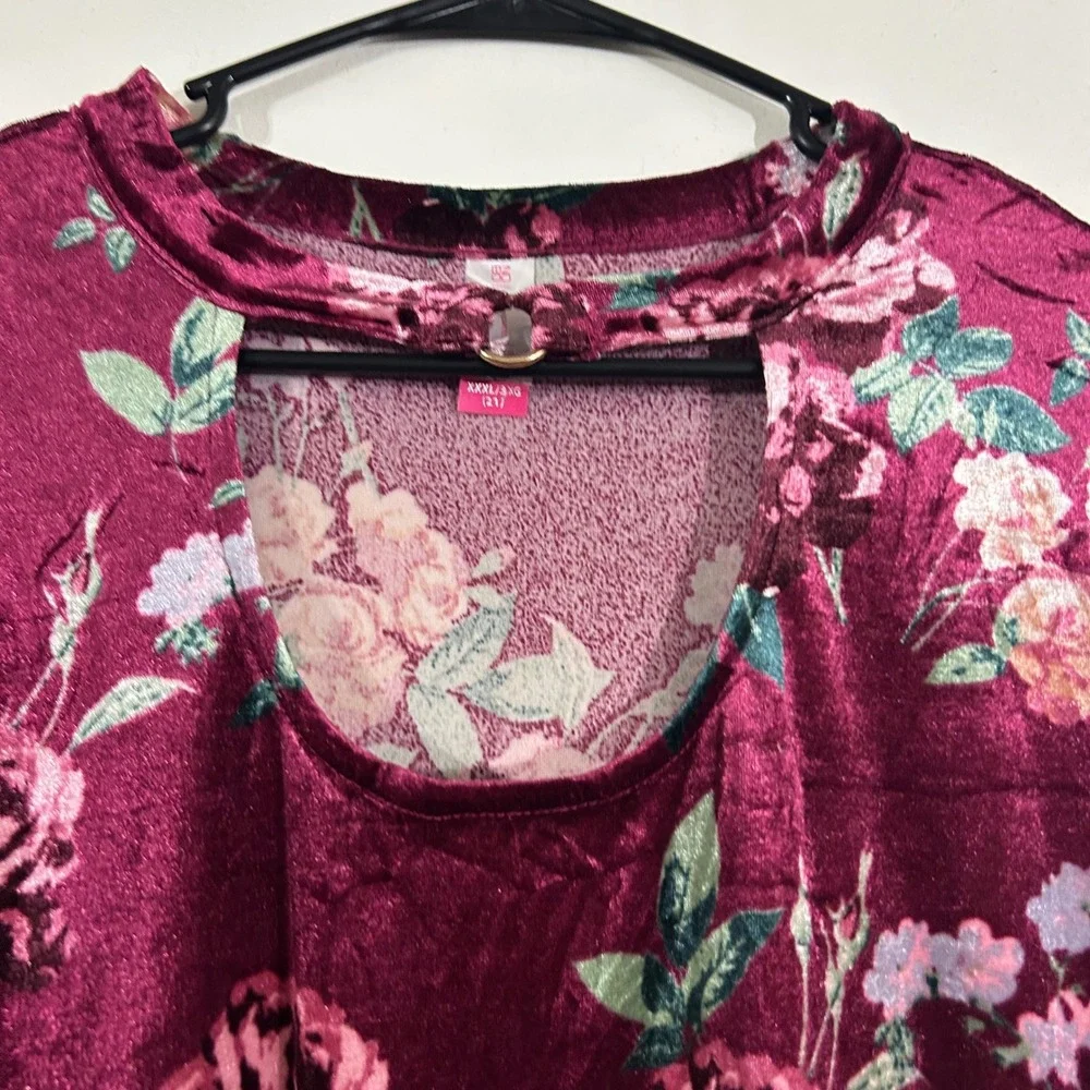 No Boundaries Burgundy Floral Velvet Long Sleeve Top XXXL/3XG Cut Out - Picture 3 of 13